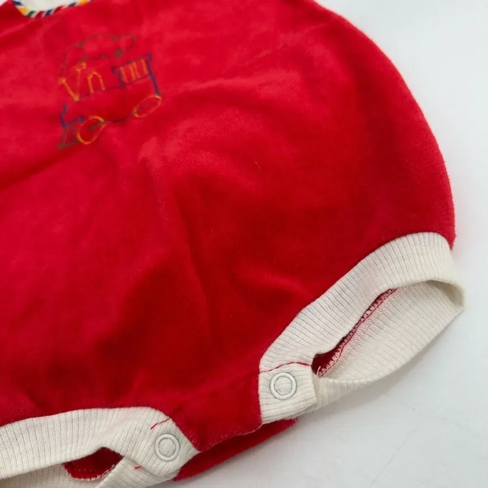 Vintage Doe Spun Red Baby Romper with Train Embroidery
